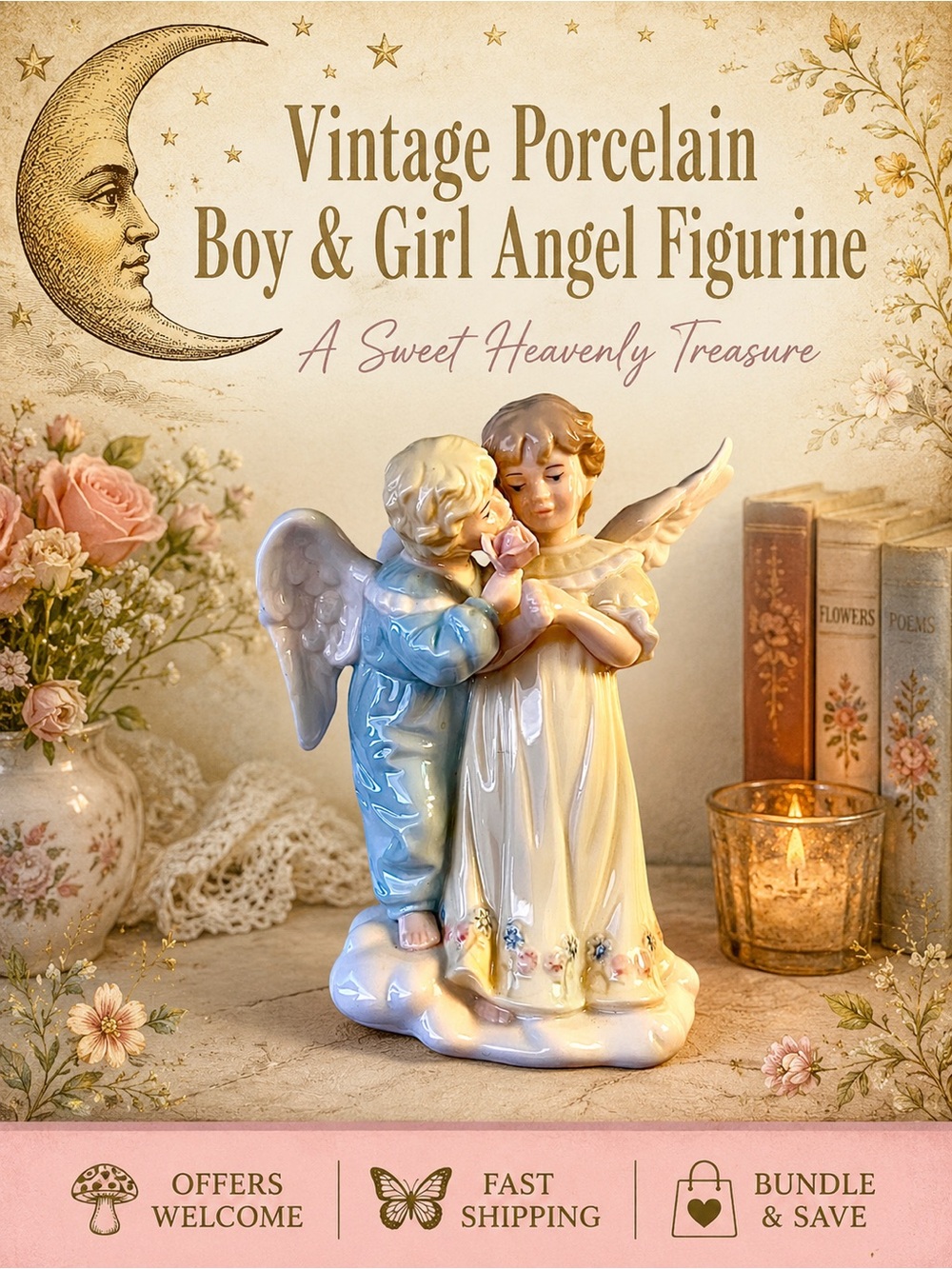 Vintage Porcelain Boy & Girl Angel Figurine Heavenly Collectible Decor